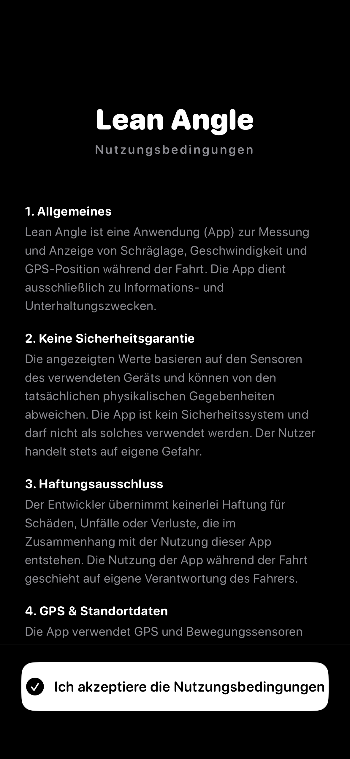 Lean Angle Nutzungsbedingungen: Hinweis, dass die App ein Referenzinstrument ohne Sicherheitsgarantie ist